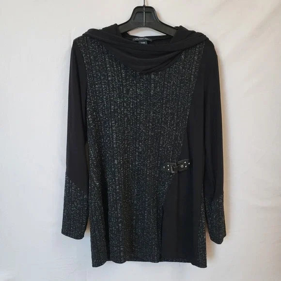 Michael Tyler Black Silver Shimmering Cowl Neck Buckle Top‎ M - Picture 5 of 13